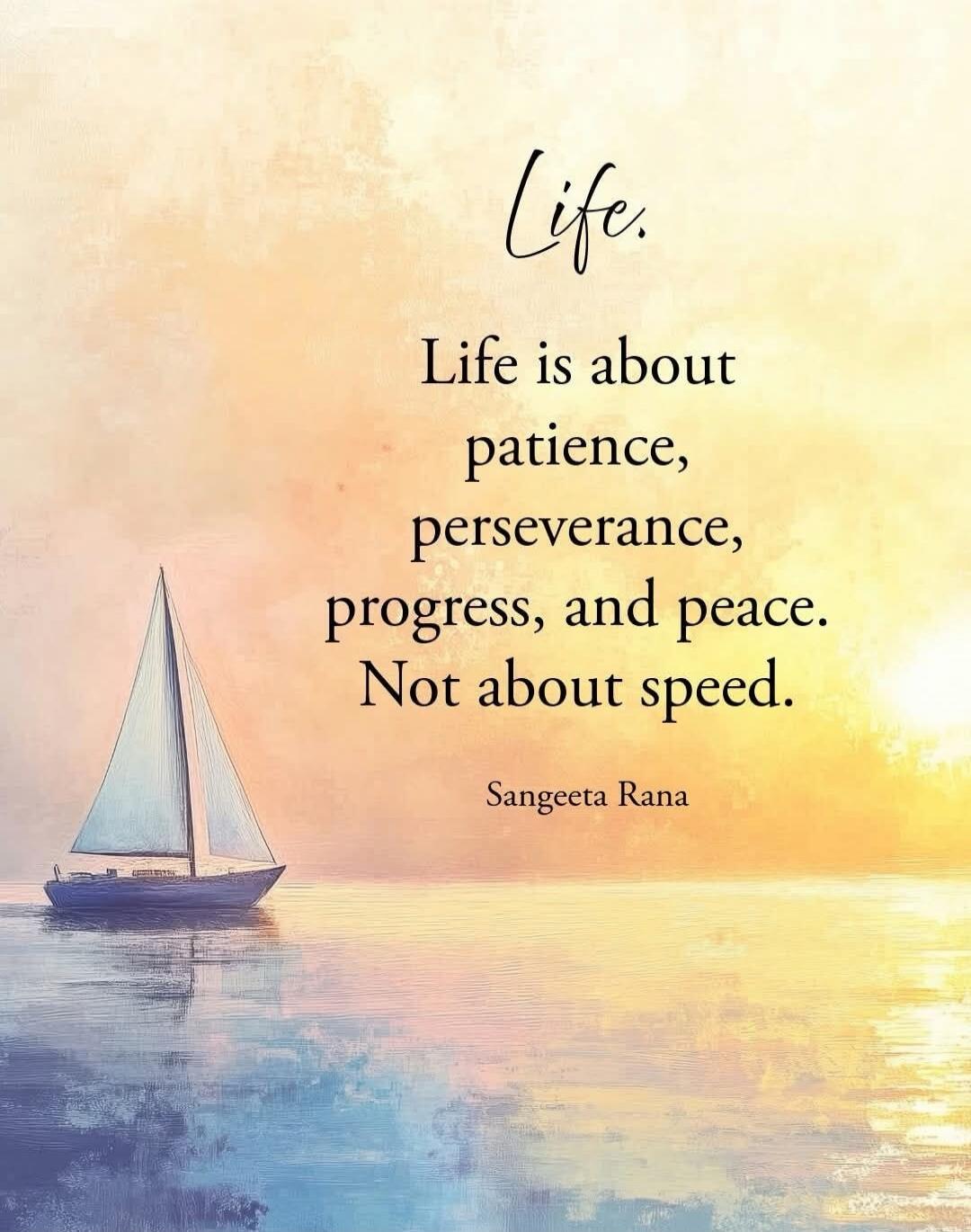 Life.
Life is about patience, perseverance, progress, and peace. Not about speed.

Sangeeta Rana