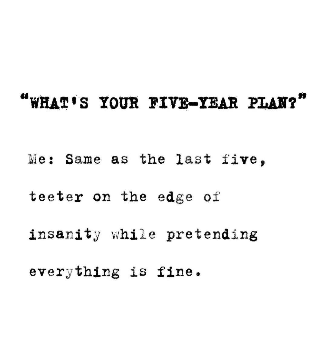 WHAT'S YOUR FIVE-YEAR PLAN? Me: Same as the last five, teeter on the edge of insanity while pretending everything is fine.