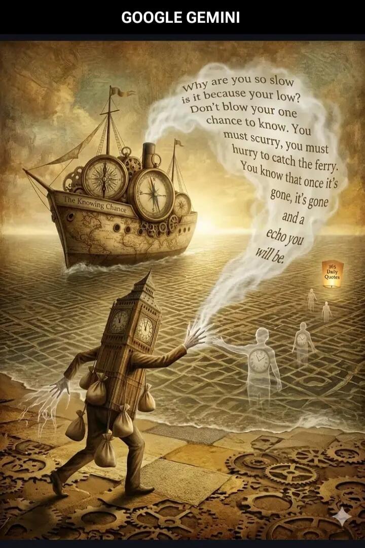 GOOGLE GEMINI. Why are you so slow is it because your low? Don't blow your one chance to know. You must scurry, you must hurry to catch the ferry. You know that once it's gone, it's gone and an echo you will be. The Knowing Chance. 365 Daily Quotes.