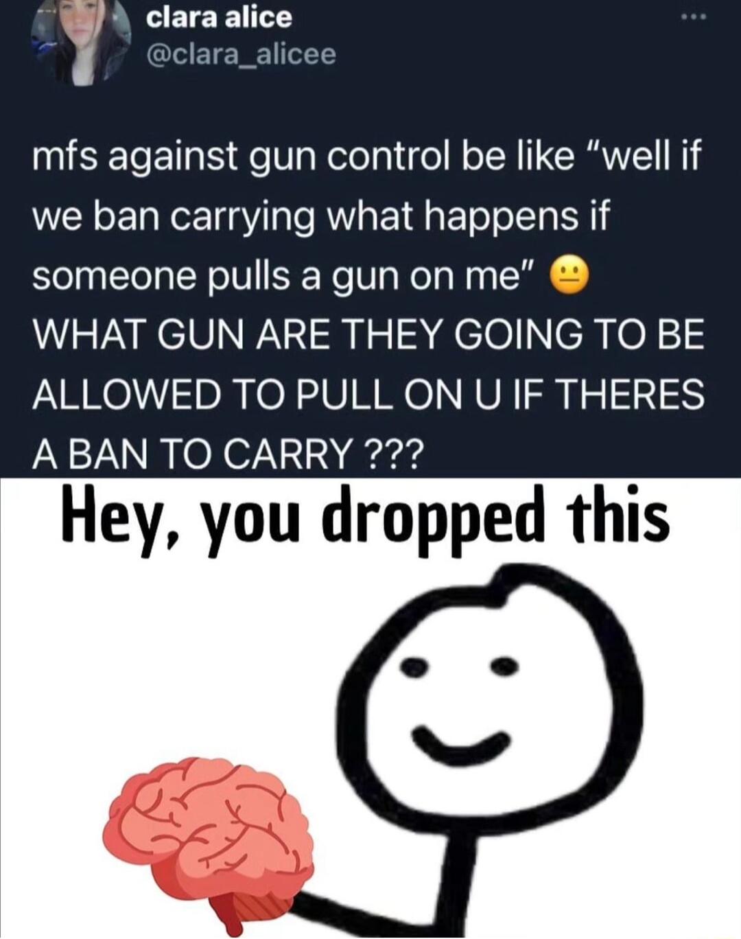 3 claraalice J 1 clara_alicee ST S fe Vg Nelolal fol NN CRANTEI N we ban carrying what happens if someone pulls a gun on me WHAT GUN ARE THEY GOING TO BE ALLOWED TO PULL ON U IF THERES A BAN TO CARRY Hey you dropped this