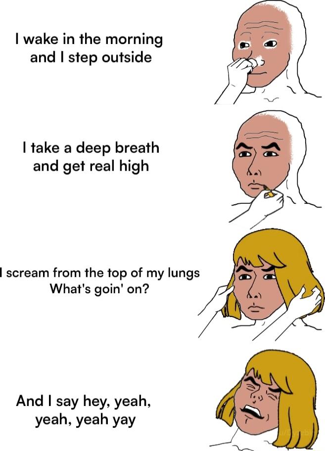 wake in the morning and step outside take a deep breath and get real high scream from the top of my lungs Whats goin on And say hey yeah yeah yeah yay