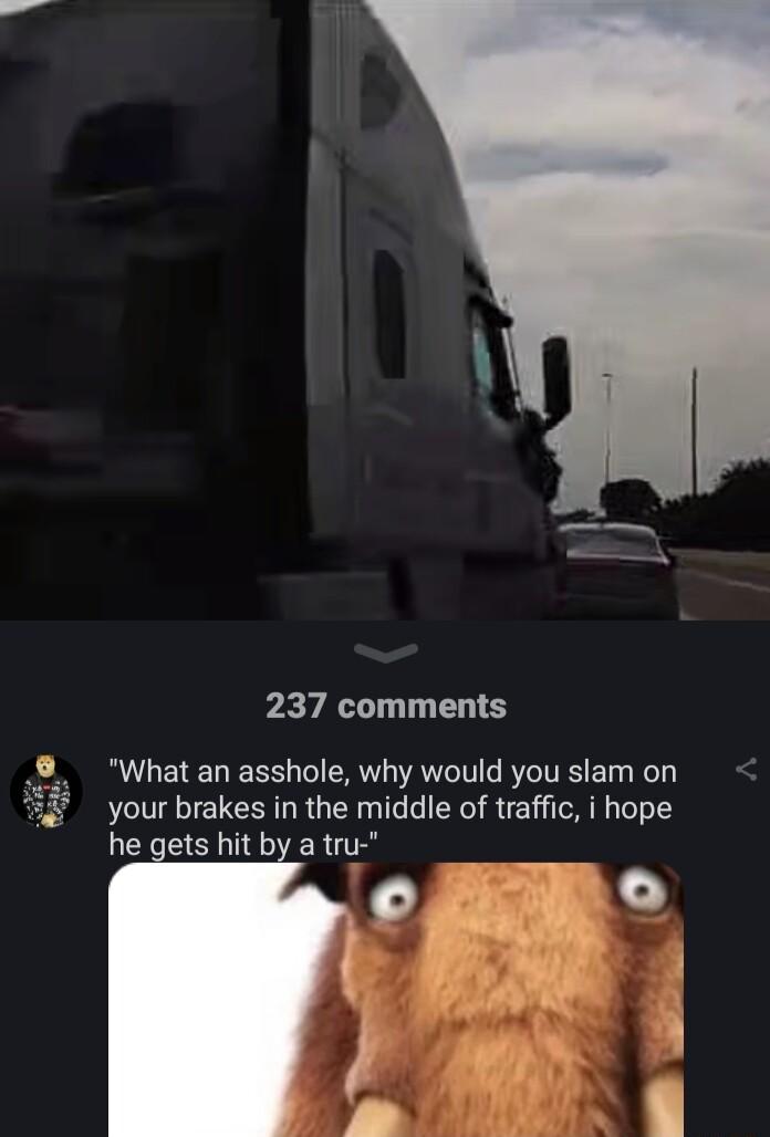 237 comments What an asshole why would you slam on your brakes in the middle of traffic i hope he gets hit by a tru