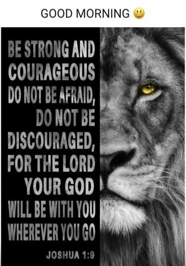 GOOD MORNING 😃
BE STRONG AND COURAGEOUS. DO NOT BE AFRAID, DO NOT BE DISCOURAGED, FOR THE LORD YOUR GOD WILL BE WITH YOU WHEREVER YOU GO. JOSHUA 1:9