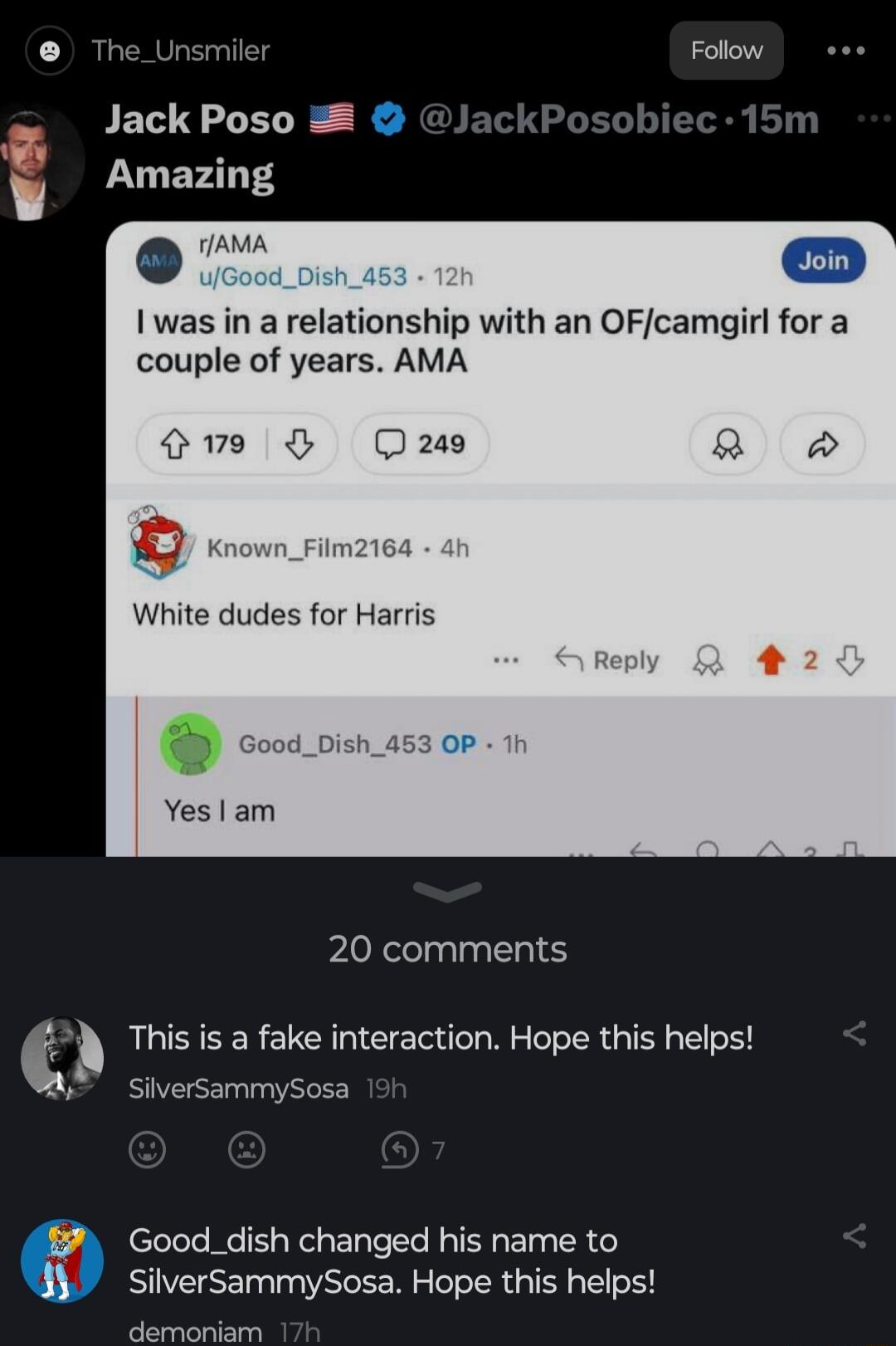 I was in a relationship with an OFfcamgirl for a couple of years AMA S Qase wnow White dudes for Harris cocavisnassop 20 comments This is a fake interaction Hope this helps SilversammySosa Good_dish changed his name to SilverSammySosa Hope this helps demoniam