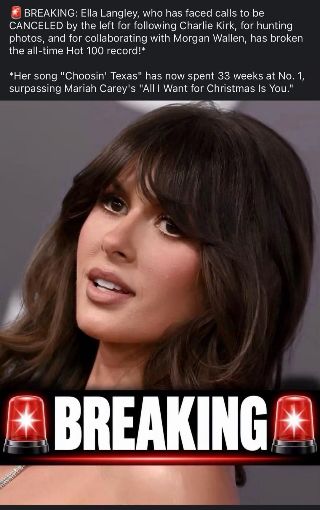 BREAKING: Ella Langley, who has faced calls to be CANCELED by the left for following Charlie Kirk, for hunting photos, and for collaborating with Morgan Wallen, has broken the all-time Hot 100 record! Her song 