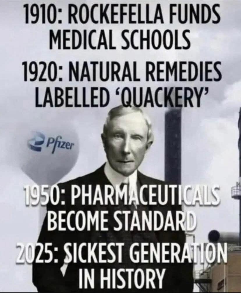 1910: ROCKEFELLER FUNDS MEDICAL SCHOOLS
1920: NATURAL REMEDIES LABELLED 'QUACKERY'
1950: PHARMACEUTICALS BECOME STANDARD
2025: SICKEST GENERATION IN HISTORY