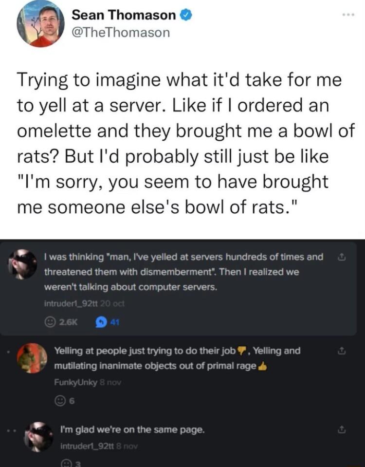 Trying to imagine what itd take for me to yell at a server Like if ordered an omelette and they brought me a bowl of rats But Id probably still just be like Im sorry you seem to have brought me someone elses bowl of rats