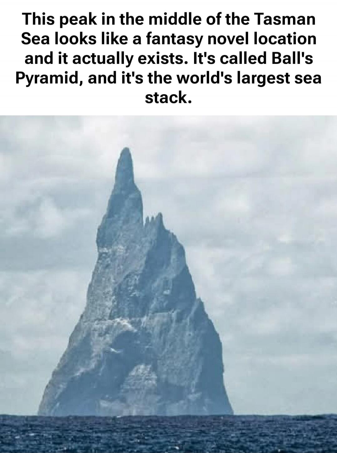 This peak in the middle of the Tasman Sea looks like a fantasy novel location and it actually exists. It's called Ball's Pyramid, and it's the world's largest sea stack.