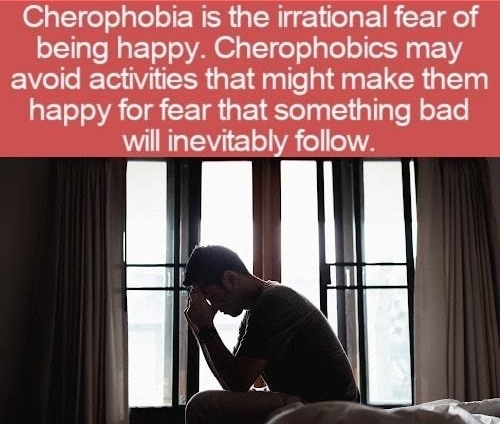 Cherophobia is the irrational fear of being happy Cherophobics may avoid activities that might make them happy for fear that something bad will mevntably follow ll NS Y wiffunfactcom