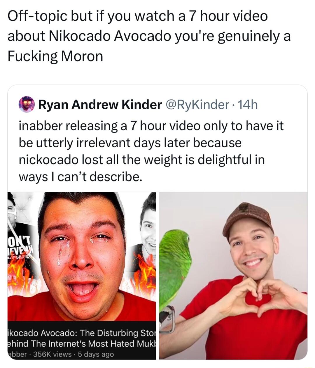 Off topic but if you watch a 7 hour video about Nikocado Avocado youre genuinely a Fucking Moron Ryan Andrew Kinder RyKinder 14h inabber releasing a 7 hour video only to have it be utterly irrelevant days later because nickocado lost all the weight is delightful in ways cant describe