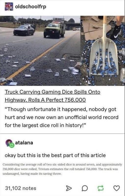 H oldschoolfrp Highway Rolls A Perfect 756000 Though unfortunate it happened nobody got hurt and we now own an unofficial world record for the largest dice roll in history atalnna okay but this is the best part of this article 31102 notes D 8 Q