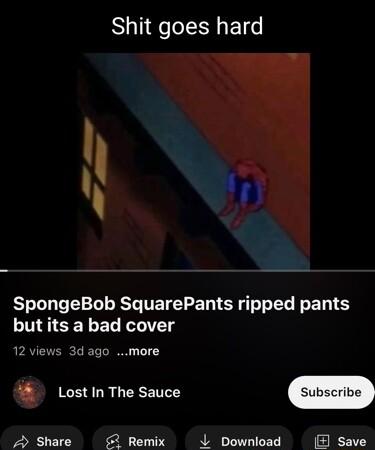 Shit goes hard SpongeBob SquarePants ripped pants but its a bad cover 12 views 3d ago more Lost In The Sauce 2 Share 2 Remix L Download Save