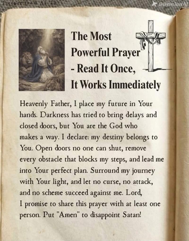 The Most Powerful Prayer - Read It Once, It Works Immediately

Heavenly Father, I place my future in Your hands. Darkness has tried to bring delays and closed doors, but You are the God who makes a way. I declare: my destiny belongs to You. Open doors no one can shut, remove every obstacle that blocks my steps, and lead me into Your perfect plan. S