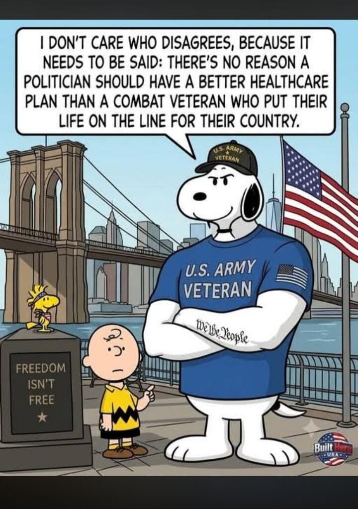 I DON'T CARE WHO DISAGREES, BECAUSE IT NEEDS TO BE SAID: THERE'S NO REASON A POLITICIAN SHOULD HAVE A BETTER HEALTHCARE PLAN THAN A COMBAT VETERAN WHO PUT THEIR LIFE ON THE LINE FOR THEIR COUNTRY. U.S. ARMY VETERAN. We the People. FREEDOM ISN'T FREE. Built Here USA.