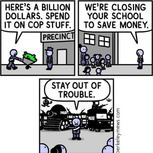 HERES A BILLION WERE CLOSING DOLLARS SPEND YOUR SCHOOL IT ON COP STUFF TO SAVE MONEY STAY OUT OF TROUBLE L g I o