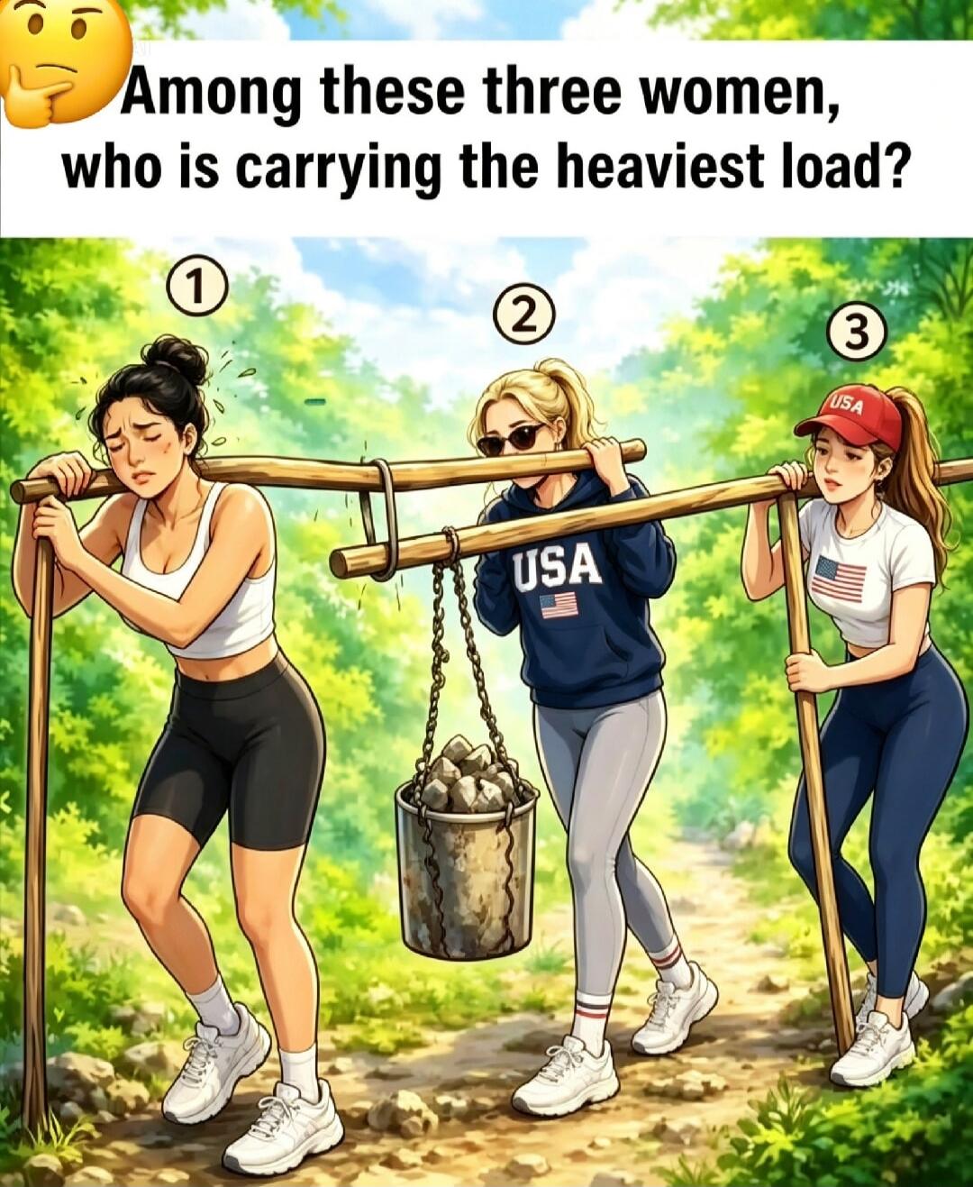 Among these three women, who is carrying the heaviest load?