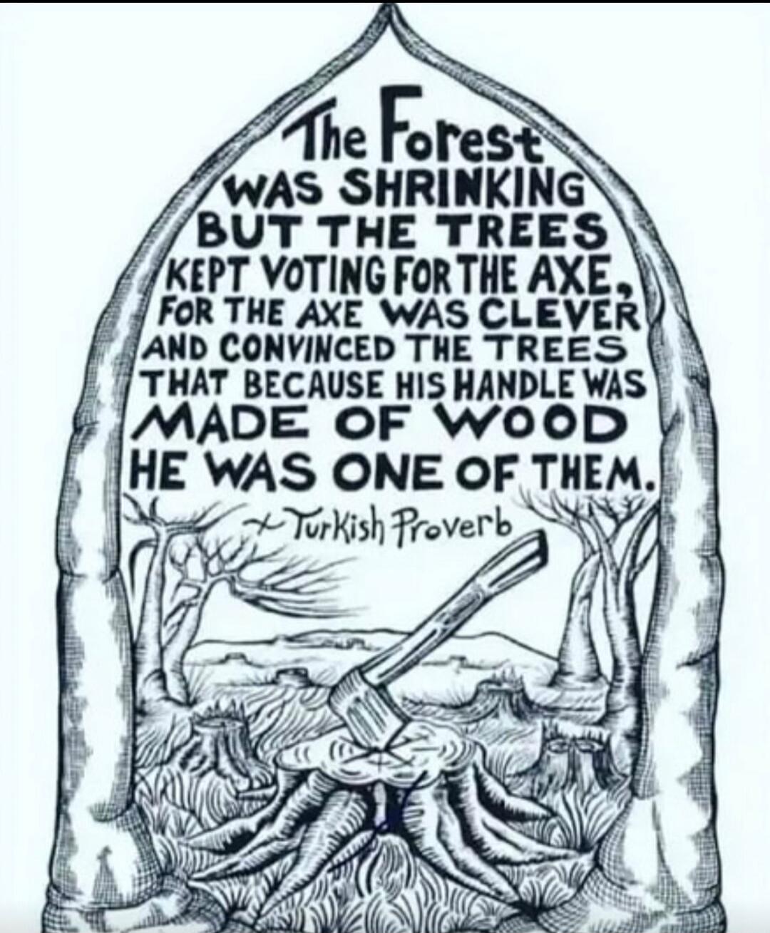 The Forest WAS SHRINKING BUT THE TREES KEPT VOTING FOR THE AXE. FOR THE AXE WAS CLEVER AND CONVINCED THE TREES THAT BECAUSE HIS HANDLE WAS MADE OF WOOD HE WAS ONE OF THEM. - Turkish Proverb
