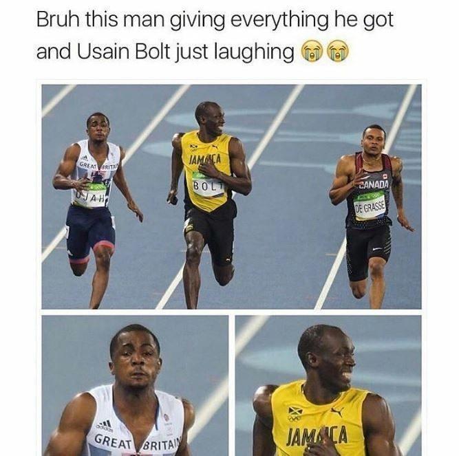 Bruh this man giving everything he got and Usain Bolt just laughing Y Y l_