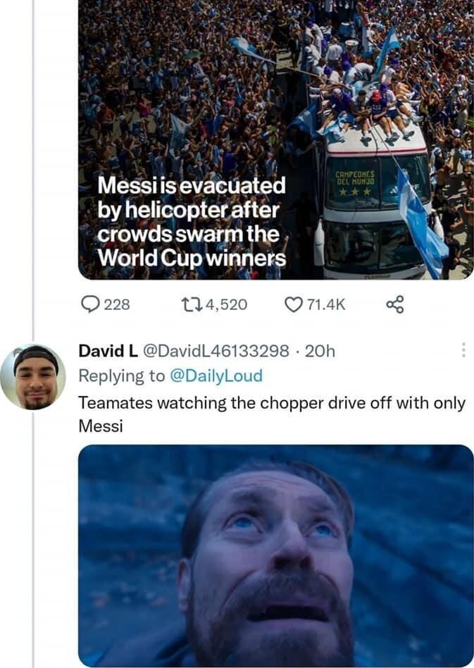 Messiis evacuated by helicopter after crowds swarmthe World Cup winners Teamates watching the chopper drive off with only Messi