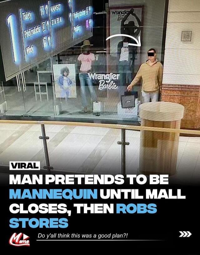 MAN PRETENDS TO BE MANNEQUIN UNTIL MALL GLOSES THEN ROBS Do yall think this was a good plan pood