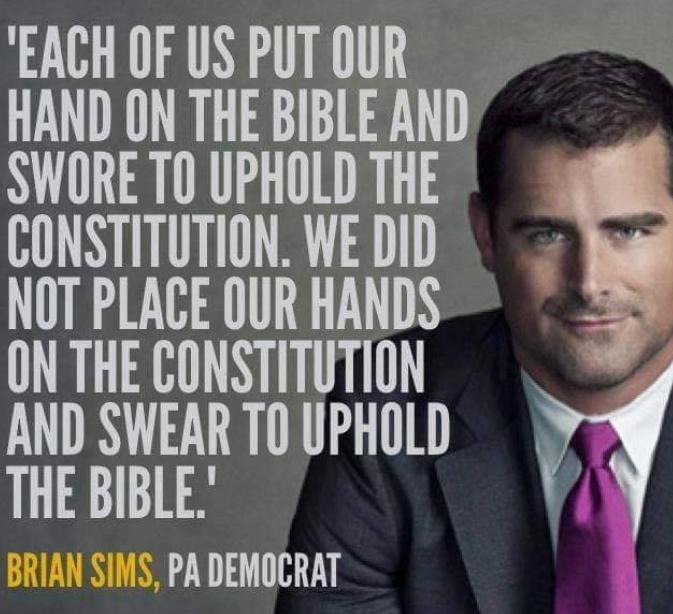 EACH OF US PUT OUR HAND ON THE BIBLE AND SWORE T0 UPHOLD THE CONSTITUTION WE DID NOT PLACE OUR HANDS ONTHECONSTITUTION AND SWEAR TO UPHOLD VY THE BIBLE PA DEMOCRAT