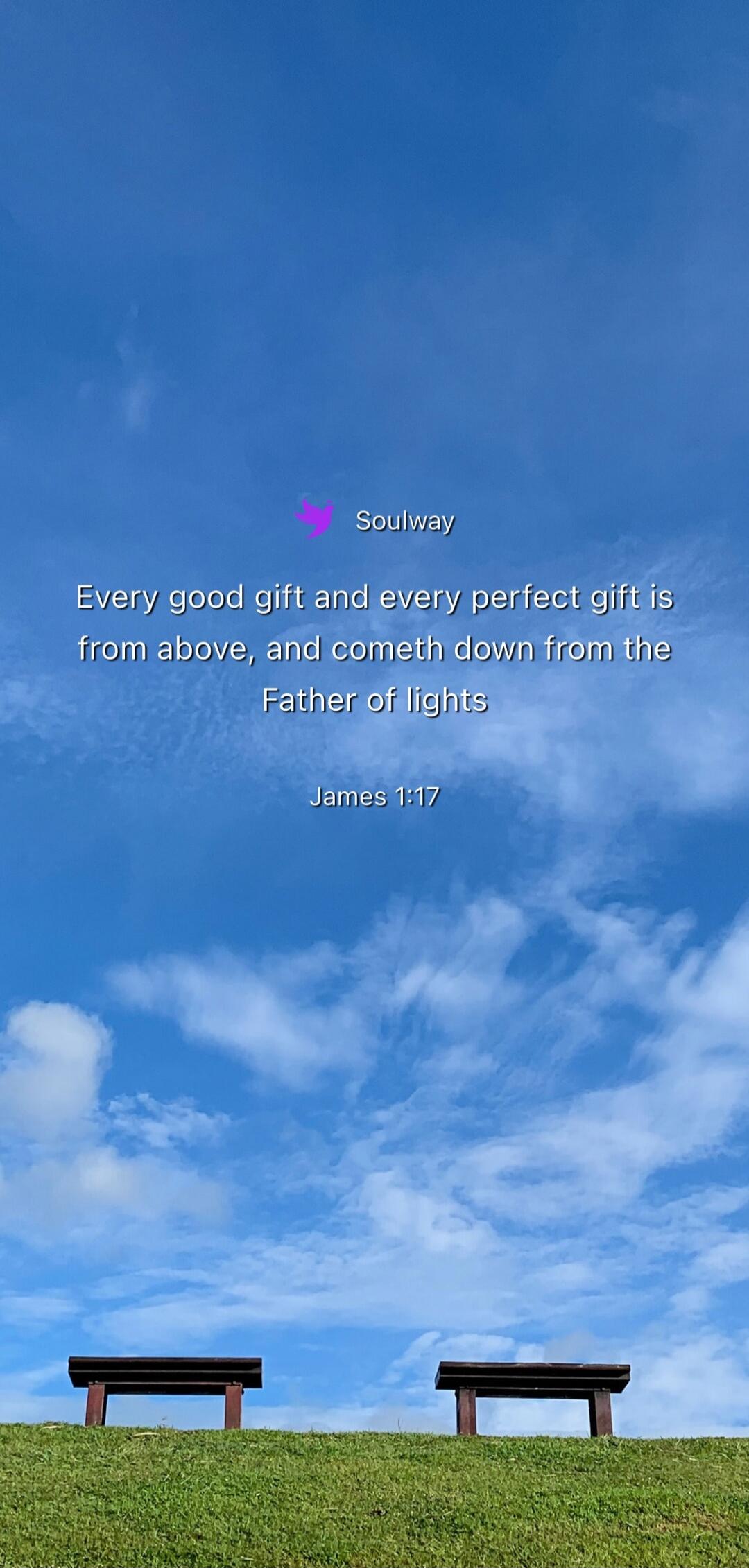 Soulway. Every good gift and every perfect gift is from above, and cometh down from the Father of lights. James 1:17.