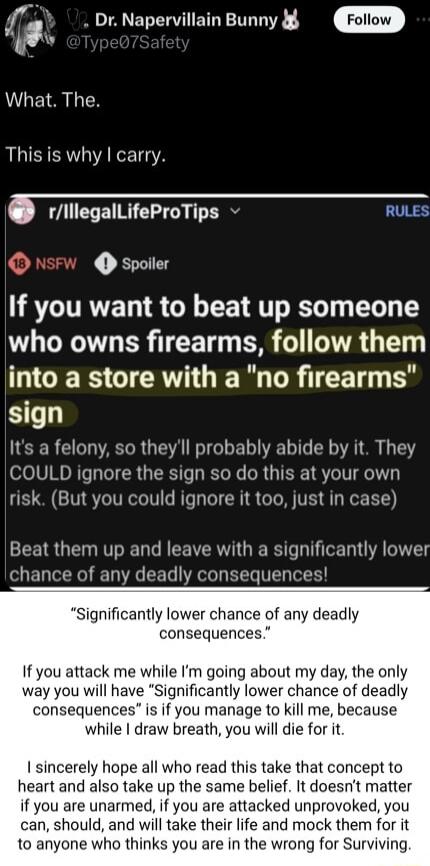 f Dr Napervillain Bunny i w A y What The Thisis why carry rlllegalLifeProTips RULES spoiler If you want to beat up someone who owns firearms follow them GERS LRGN TR TR B S Its a felony so theyll probably abide by it They COULD ignore the sign so do this at your own risk But you could ignore it too just in case Beat them up and leave with a significantly lower chance of any deadly consequences sig