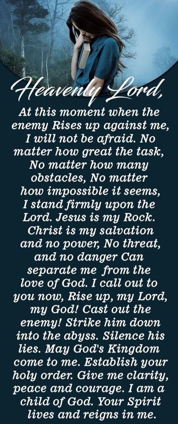 Heavenly Lord, At this moment when the enemy Rises up against me, I will not be afraid. No matter how great the task, No matter how many obstacles, No matter how impossible it seems, I stand firmly upon the Lord. Jesus is my Rock. Christ is my salvation and no power, No threat, and no danger Can separate me from the love of God. I call out to you n