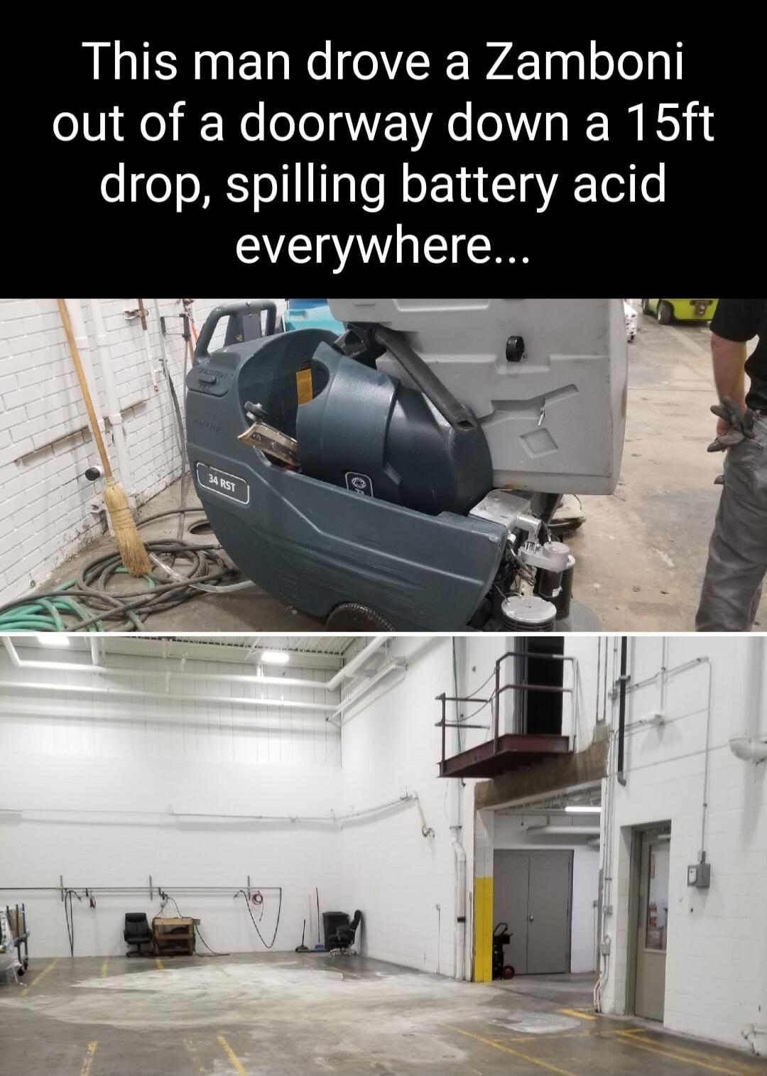 This man drove a Zamboni out of a doorway down a 15ft drop spilling battery acid everywhere