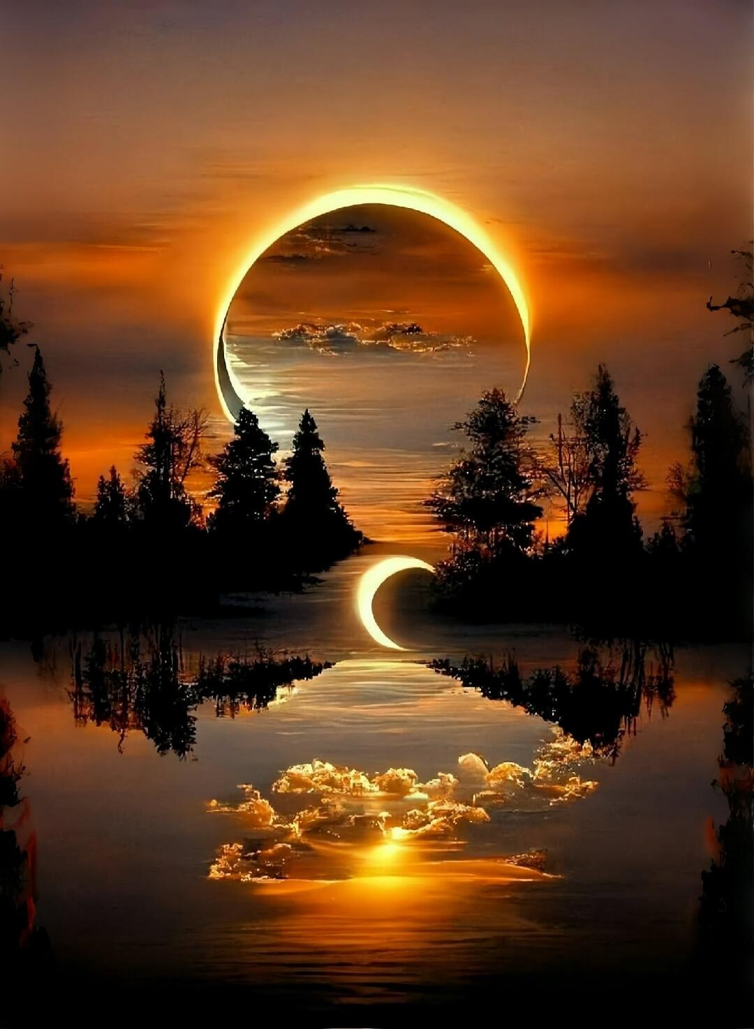 A surreal sunset with a solar eclipse creating two crescent suns mirrored on a calm lake, framed by silhouetted trees.