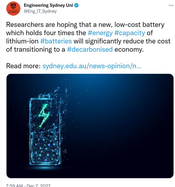 Encineering Sydney Uni Researchers are hoping that a new low cost battery which holds four times the energy capacity of lithium ion batteries will significantly reduce the cost of transitioning to a decarbonised economy Read more s yeduaunews ionn