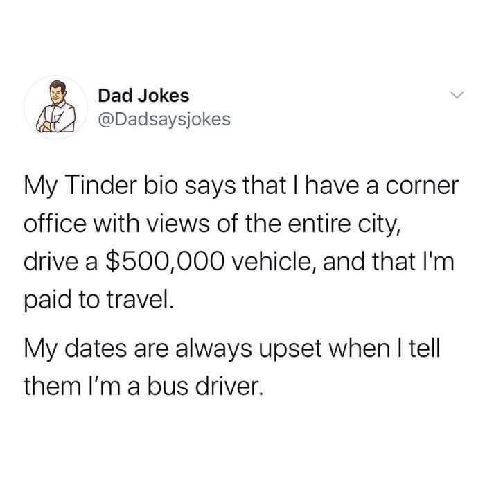 Dad Jokes Dadsaysjokes My Tinder bio says that have a corner office with views of the entire city drive a 500000 vehicle and that Im paid to travel My dates are always upset when tell them Im a bus driver
