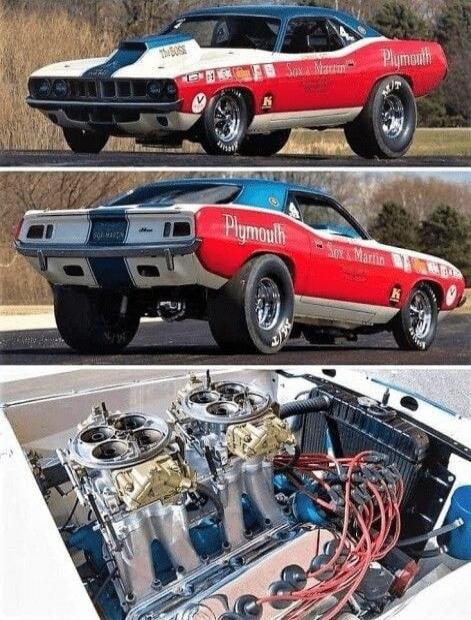 THE BOSS, Sox & Martin, Plymouth, M/T, K. This is a classic Plymouth Barracuda drag racing car, specifically the iconic Sox & Martin team vehicle, known for its powerful engine and racing heritage.