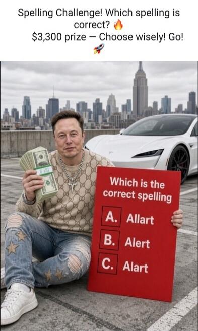 Spelling Challenge! Which spelling is correct? $3,300 prize - Choose wisely! Go! Which is the correct spelling A. Allart B. Alert C. Alart