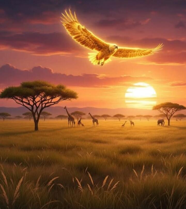 A golden, glowing bird soars above a savannah at sunset. In the background, giraffes and other wildlife roam among tall grasses and acacia trees as the sun sinks on the horizon.
