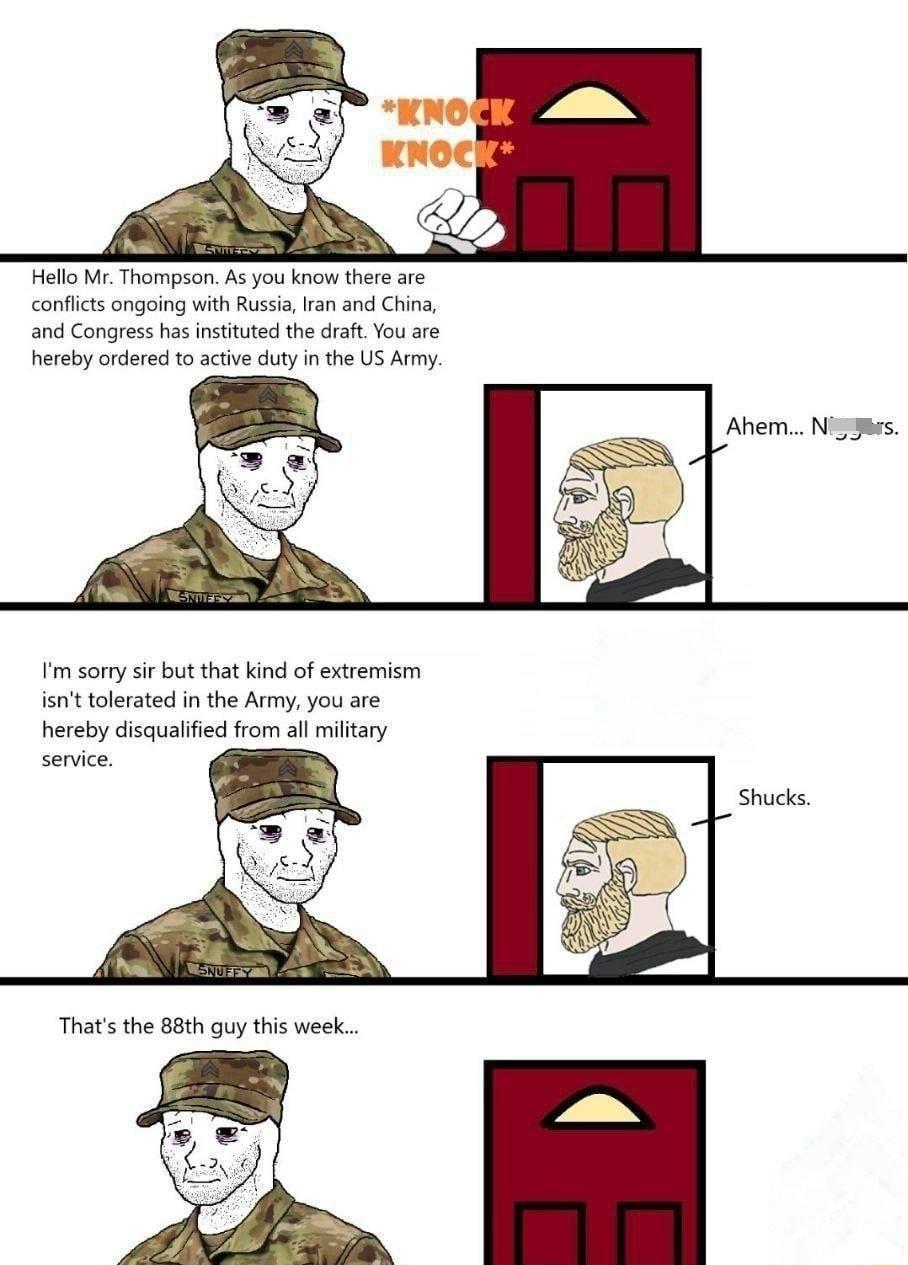 el M Thompson As you know there are conflts ongoing with Russa ra and China and Congress has instituted the draft You are hereby ordered o active duty in he US Army m sony sir but that kind of extremism snt tolerated in the Army you are hereby disqualified from a milltary Thats the 88th guy this week