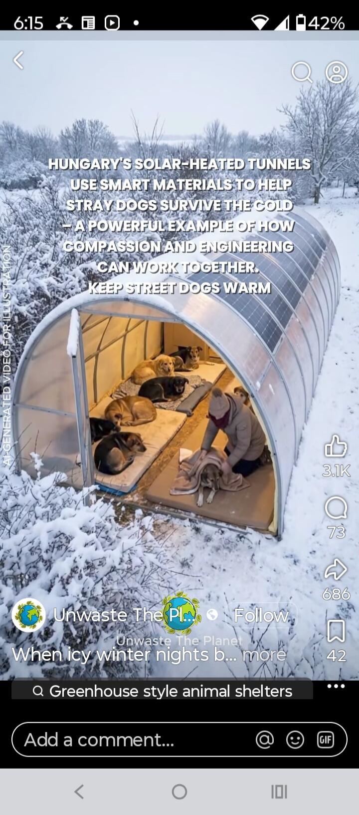 Hungary's solar-heated tunnels use smart materials to help stray dogs survive the cold - a powerful example of how compassion and engineering can work together. Keep street dogs warm. This is an AI-generated video for illustration. Unwaste The Planet. When icy winter nights b... Greenhouse style animal shelters.