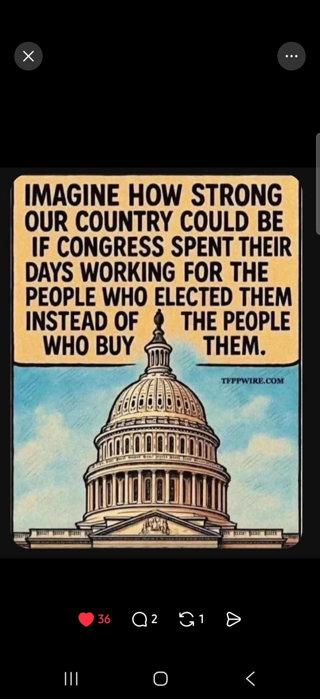 IMAGINE HOW STRONG OUR COUNTRY COULD BE IF CONGRESS SPENT THEIR DAYS WORKING FOR THE PEOPLE WHO ELECTED THEM INSTEAD OF THE PEOPLE WHO BUY THEM. TFPPWIRE.COM