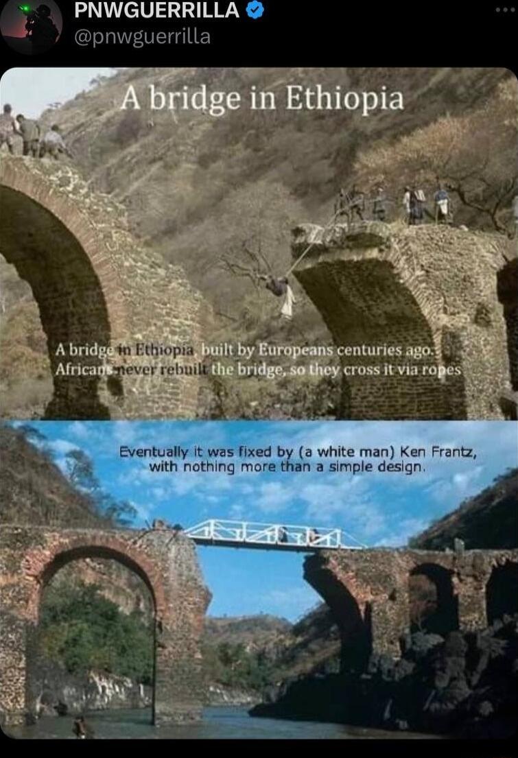 PNWGUERRILLA dgerin Efthiopia Abridgd Wit by Europeans centuries ago Airicage e bridge sofficy cross it via roges Eventually it was fixed by white man Ken Frantz with nothing more than a simple design