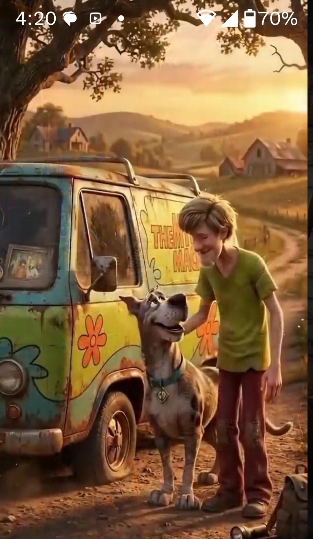 4:20 70% THE MYSTERY MACHINE. An animated depiction of Shaggy and Scooby-Doo standing next to their iconic van, the Mystery Machine, in a rural setting with a sunset.