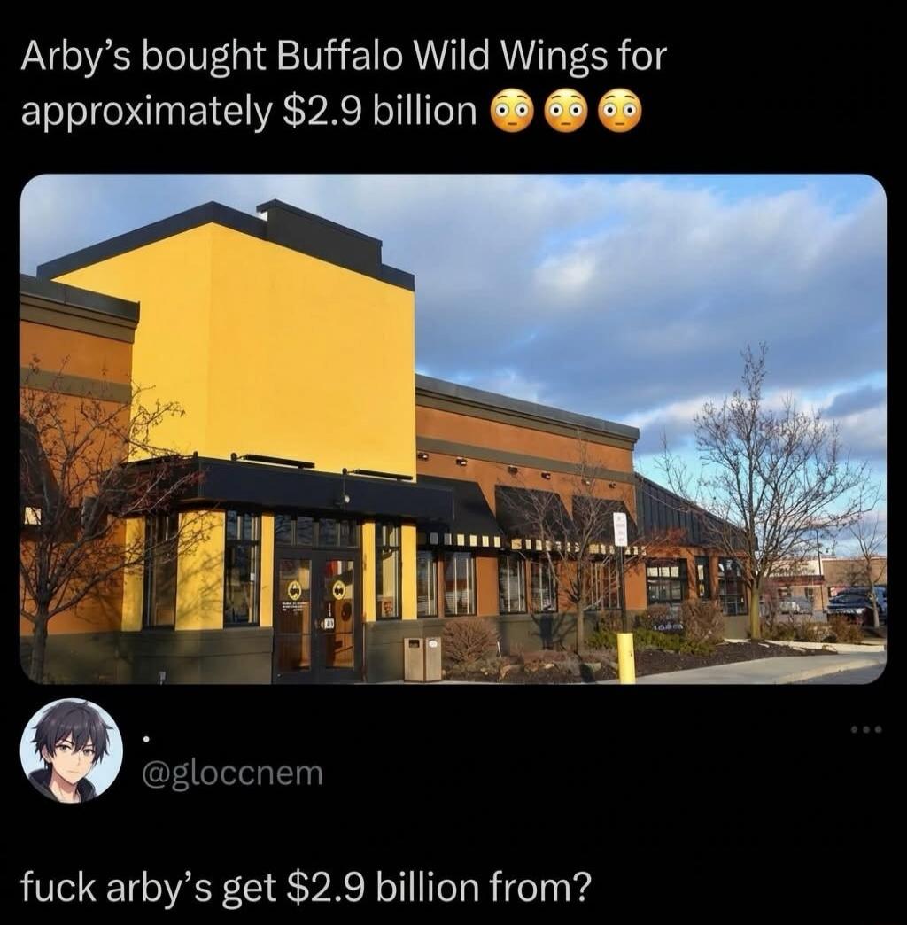 Arby's bought Buffalo Wild Wings for approximately $2.9 billion. A user asks: 'fuck arby's get $2.9 billion from?'