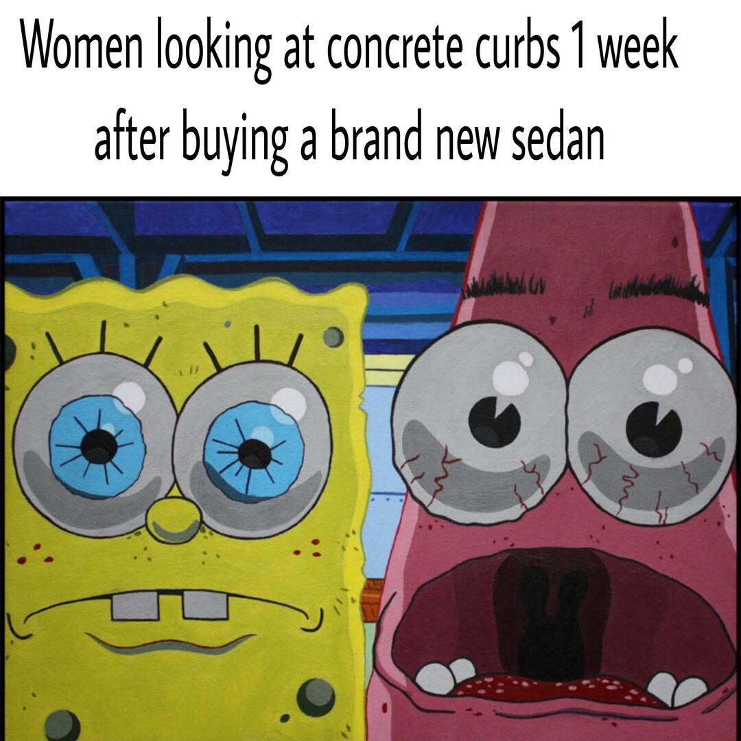 Women looking at concrete curbs 1 week after buying a brand new sedan