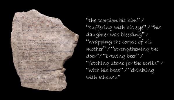 th scorplow bit him suffering with his eye nis daughter was bleding wrapping the corpse of his vother strenathening the door brewing beer fetching stone for the seribe with his boss drinking with Khons