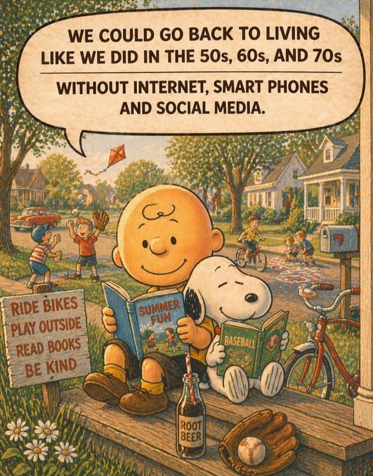 WE COULD GO BACK TO LIVING LIKE WE DID IN THE 50s, 60s, AND 70s WITHOUT INTERNET, SMART PHONES AND SOCIAL MEDIA. RIDE BIKES PLAY OUTSIDE READ BOOKS BE KIND SUMMER FUN BASEBALL ROOT BEER