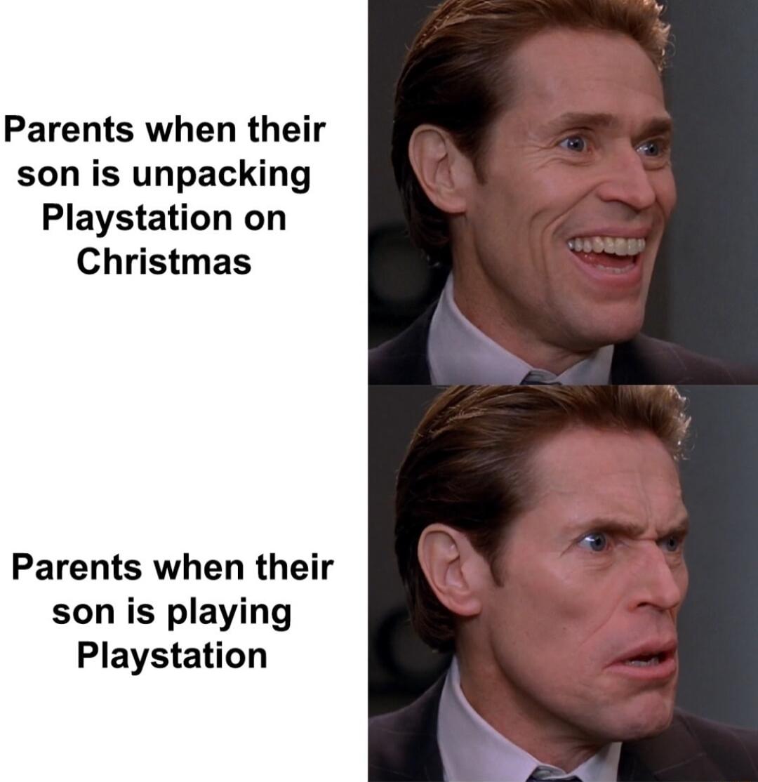 Parents when their son is unpacking Playstation on Christmas Parents when their son is playing Playstation