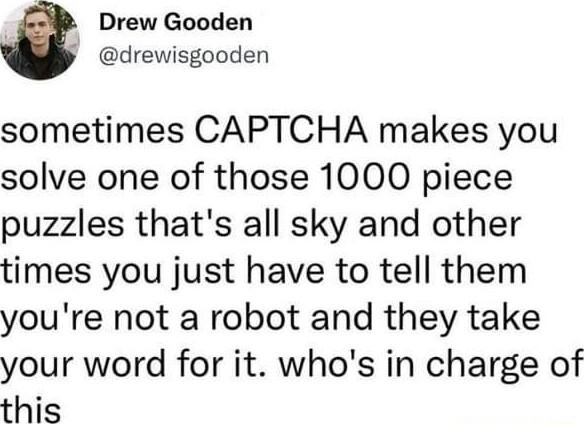 Drew Gooden y drewisgooden sometimes CAPTCHA makes you solve one of those 1000 piece puzzles thats all sky and other times you just have to tell them youre not a robot and they take your word for it whos in charge of this