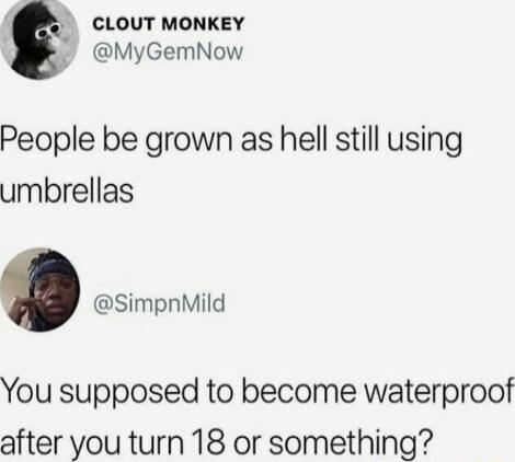 CLOUT MONKEY MyGemNow People be grown as hell still using umbrellas SimpnMild You supposed to become waterproof after you turn 18 or something