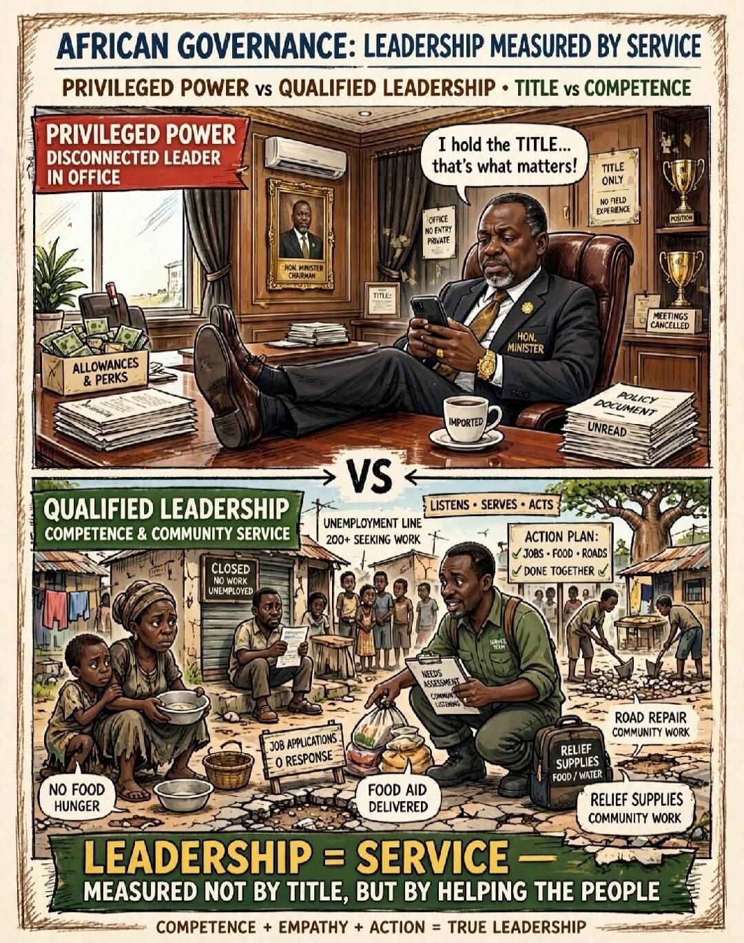 AFRICAN GOVERNANCE: LEADERSHIP MEASURED BY SERVICE. PRIVILEGED POWER vs QUALIFIED LEADERSHIP. TITLE vs COMPETENCE. PRIVILEGED POWER DISCONNECTED LEADER IN OFFICE. I hold the TITLE... that's what matters! OFFICE NO ENTRY PRIVATE. TITLE ONLY. NO FIELD EXPERIENCE. POSITION. MEETINGS CANCELLED. HON. MINISTER CHAIRMAN. ALLOWANCES & PERKS. IMPORTED. UNRE