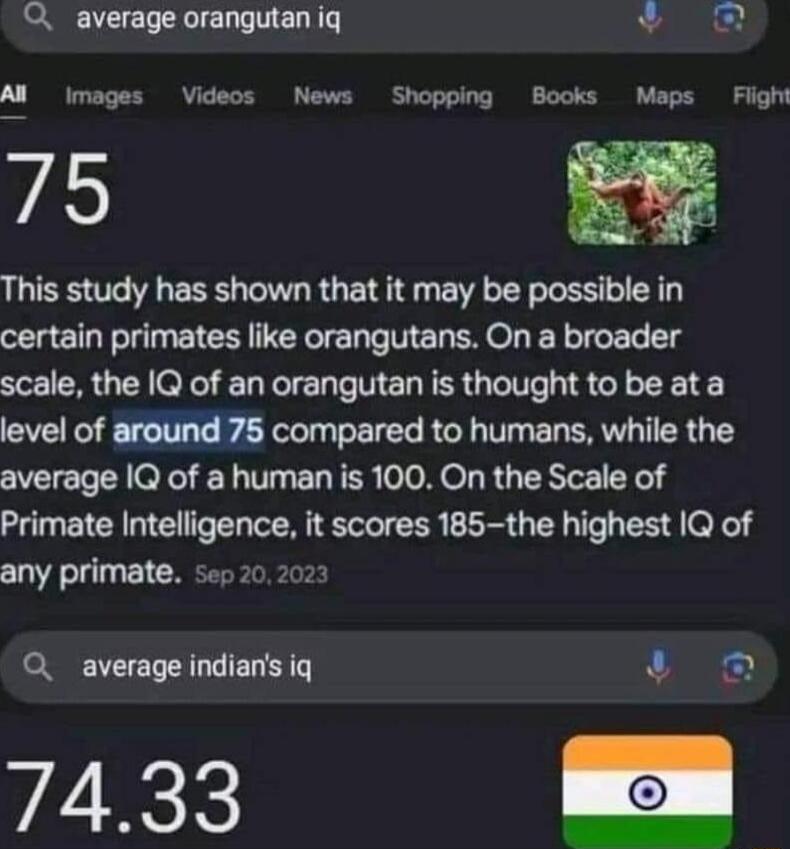 average orangutan iq vy Images Videos News Shopping Books Maps Fiight 75 E This study has shown that it may be possible in certain primates like orangutans On a broader scale the IQ of an orangutan is thought to be at a level of around 75 compared to humans while the average Q of a human is 100 On the Scale of Primate Intelligence it scores 185 the highest IQ of any primate sep 202023 O average in