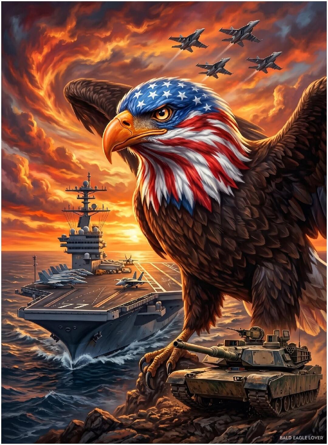 A powerful image featuring a bald eagle with the American flag painted on its head and chest, standing on a rocky cliff. In the background, an aircraft carrier sails on the ocean with fighter jets on its deck, and four fighter jets fly in formation in the dramatic sunset sky. A military tank is positioned near the eagle's foot. The sky is filled wi